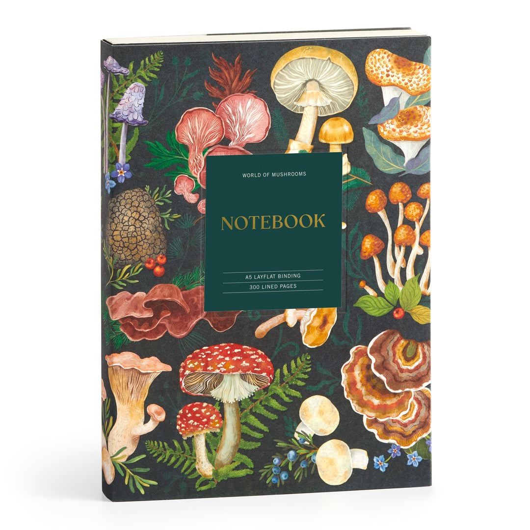 The Olga Akbarova World of Mushrooms Premium A5 Notebook is a hardcover journal with a dark background, vibrant mushroom and plant illustrations, layflat binding, and 200 lined pages.