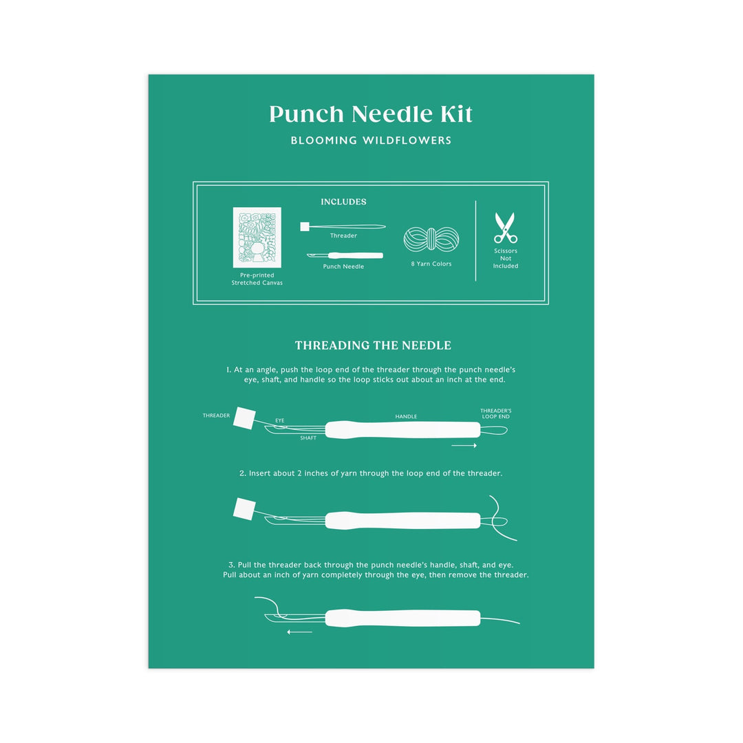 A teal instruction sheet for the Liv Lee Blooming Wildflowers Punch Needle Kit displays included items and illustrated, step-by-step instructions on threading the punch needle tool with yarn.
