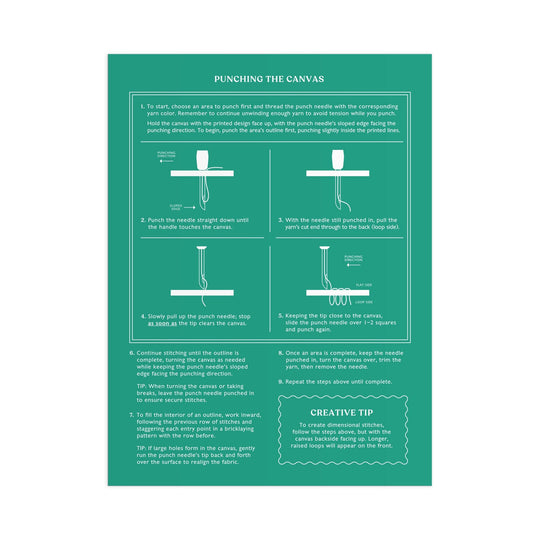 A step-by-step instructional graphic for the Liv Lee Blooming Wildflowers Punch Needle Kit shows six illustrated steps using a punch needle tool with yarn on fabric, plus a creative tip in a highlighted box at the bottom right.