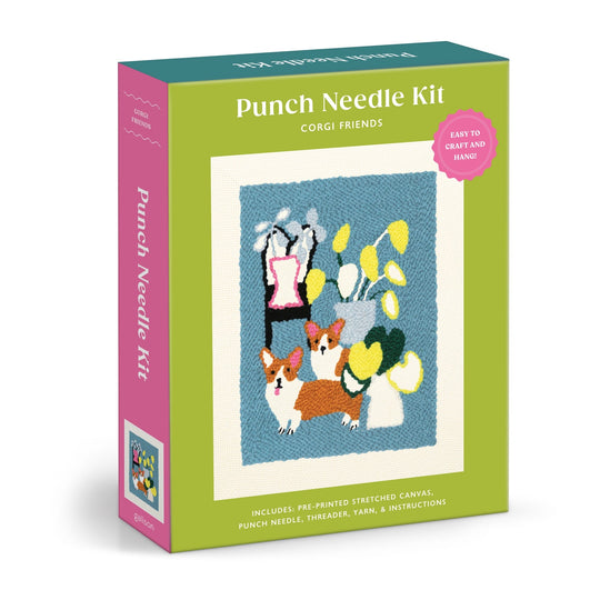 The Anne Bentley "Corgi Friends Punch Needle Kit" box displays punch needle art of two corgis with colorful plants, lists included materials, and features a green and pink design.