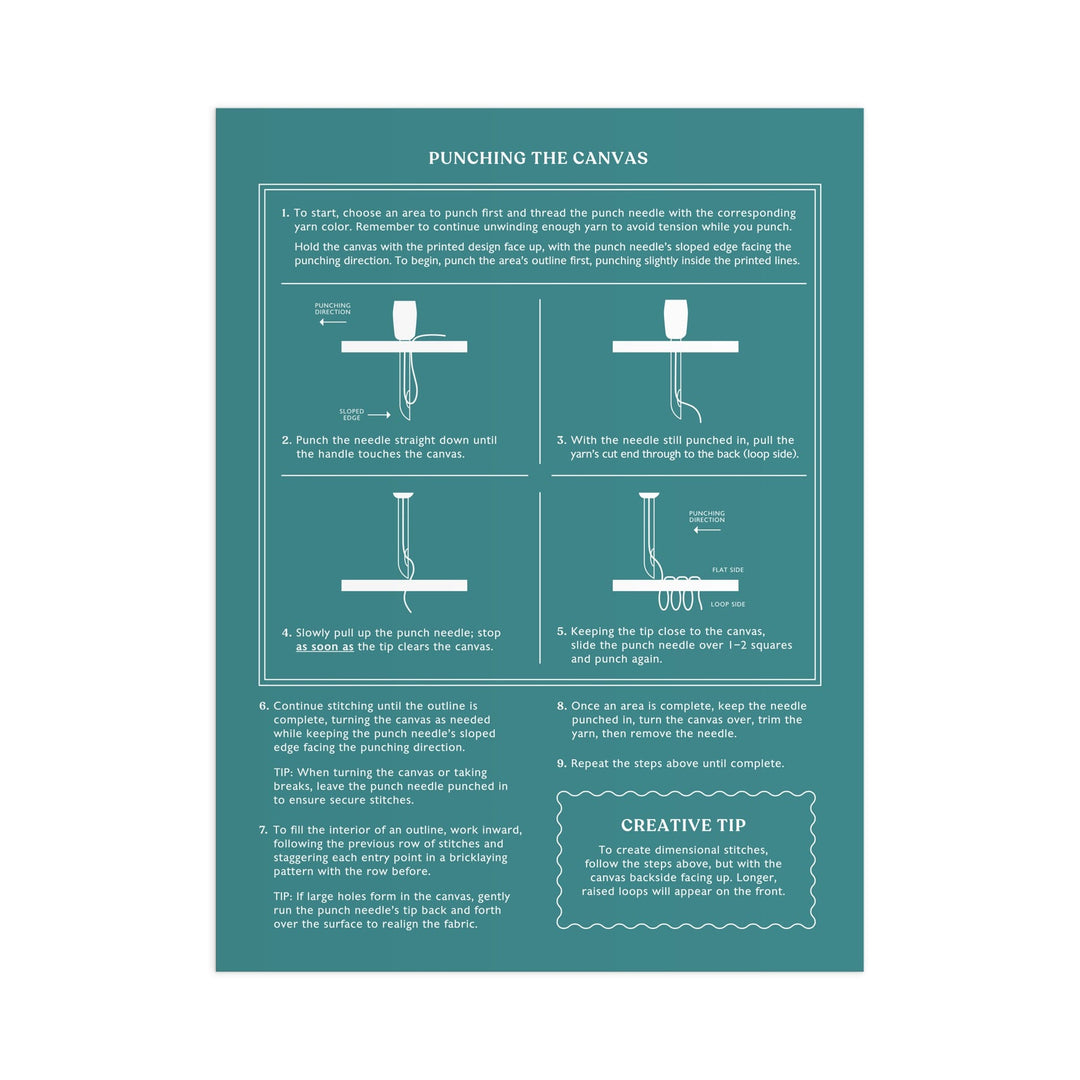 Step-by-step instructional graphic for the Anne Bentley Corgi Friends Punch Needle Kit. Features six labeled steps with hand, needle, and fabric diagrams, plus a creative tip box at the bottom.