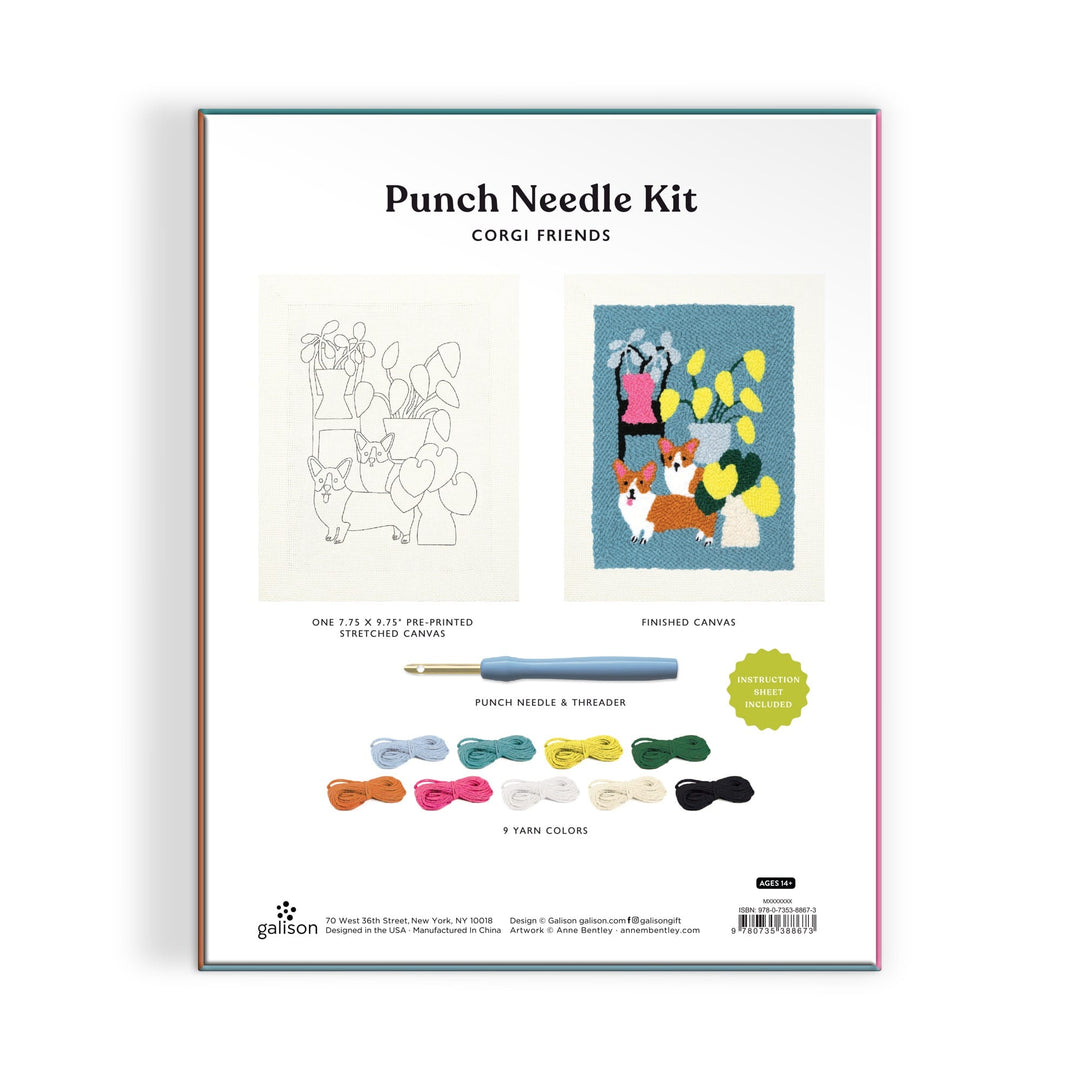 Back of the Anne Bentley Corgi Friends Punch Needle Kit box shows a pre-printed corgi canvas, a finished colorful example, the punch needle tool, and 7 vibrant yarn skeins.