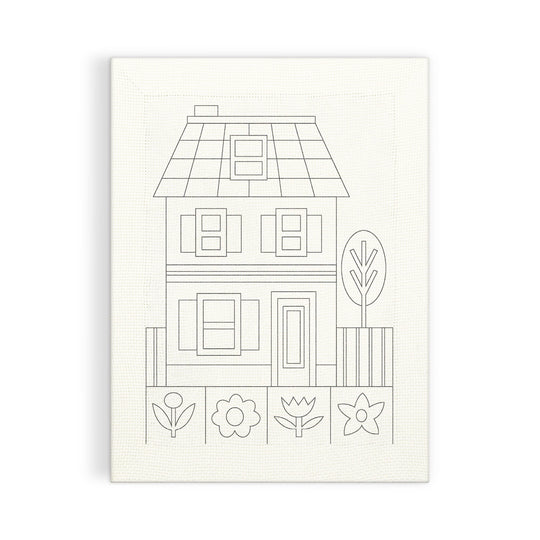 The Cozy Cottage Punch Needle Kit by Molly Egan features a simple black line drawing of a two-story house with a fence, windows, door, tree, and four stylized flowers on a plain white background.