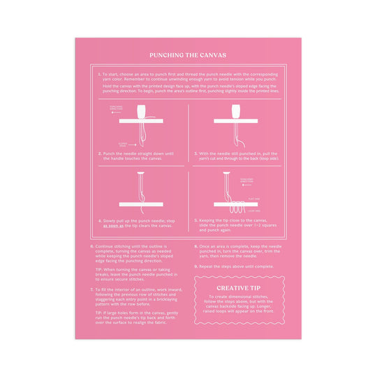 The Cozy Cottage Punch Needle Kit by Molly Egan includes a pink instructional guide titled "Punching the Canvas," featuring six illustrated steps with text on threading, punching, stitching, and a creative tip at the bottom.