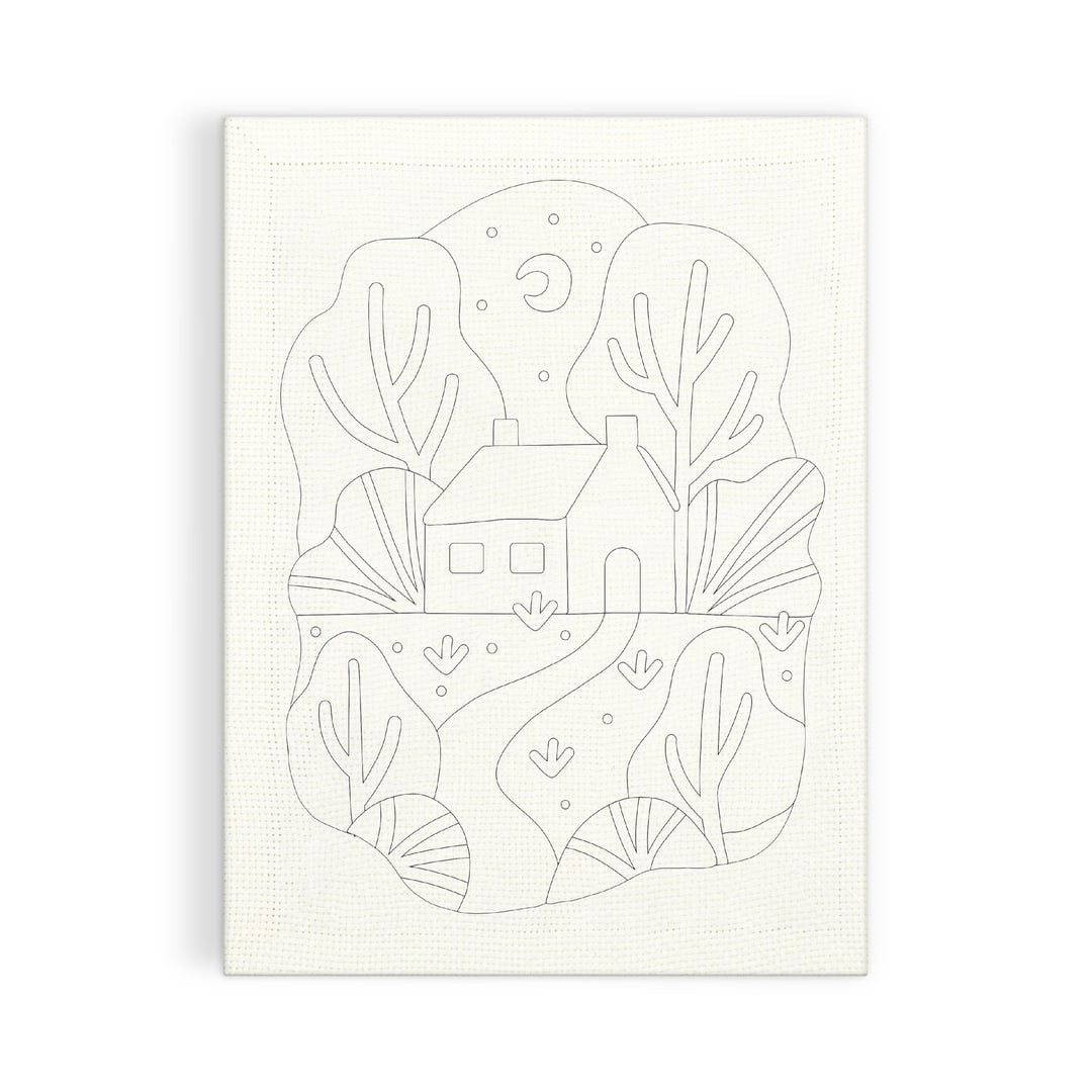 The Highland Cottage Punch Needle Kit by Kika Macfarlane features a simple black and white line drawing of a house surrounded by trees, plants, and a winding path, with a crescent moon and stars in the sky above.