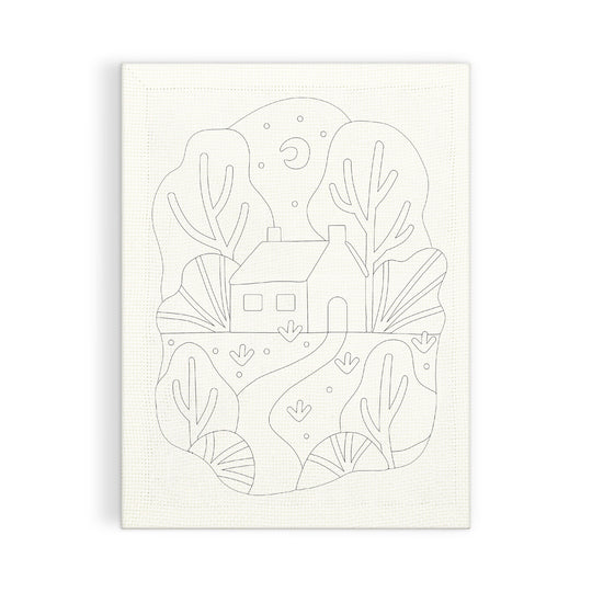 The Highland Cottage Punch Needle Kit by Kika Macfarlane features a simple black and white line drawing of a house surrounded by trees, plants, and a winding path, with a crescent moon and stars in the sky above.