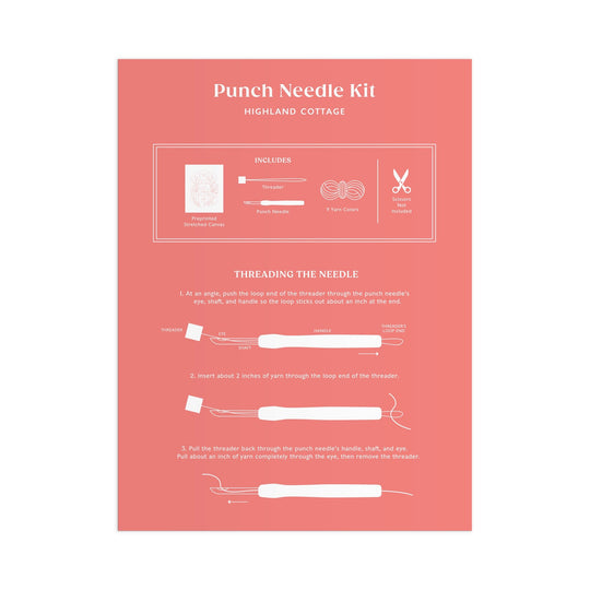 Coral instruction sheet for the Highland Cottage Punch Needle Kit by Kika Macfarlane. Lists kit contents (instruction card, yarn, punch needle) and features three illustrated, descriptive steps for threading the needle.