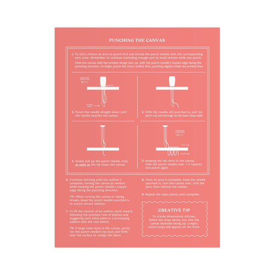 The Highland Cottage Punch Needle Kit by Kika Macfarlane includes an instructional guide with four illustrated steps for using the punch needle tool and yarn on fabric, plus written tips and a highlighted creative tip.