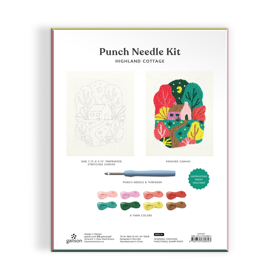 Back of Highland Cottage Punch Needle Kit by Kika Macfarlane shows the cottage scene outline, finished artwork, punch needle tool, threader, and eight colored yarn skeins. Text details contents and included instructions.