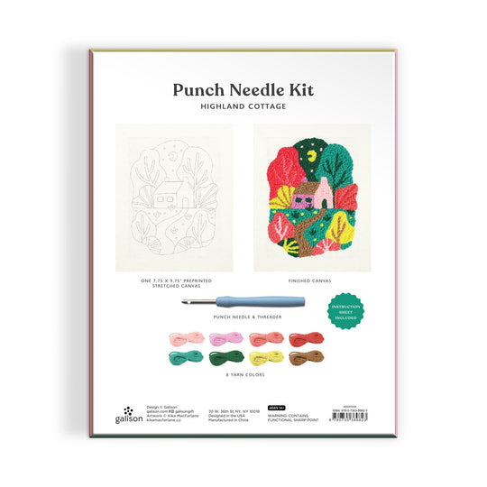 Back of Highland Cottage Punch Needle Kit by Kika Macfarlane shows the cottage scene outline, finished artwork, punch needle tool, threader, and eight colored yarn skeins. Text details contents and included instructions.