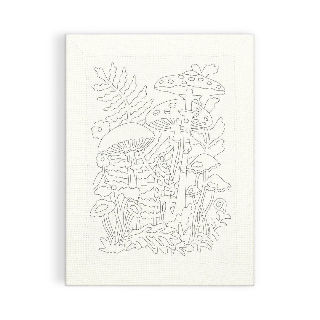 Line drawing of mushrooms, plants, leaves, and grass from the Woodland Mushrooms Punch Needle Kit by Anja Riebensahm on a blank canvas—uncolored and perfect for painting or coloring.