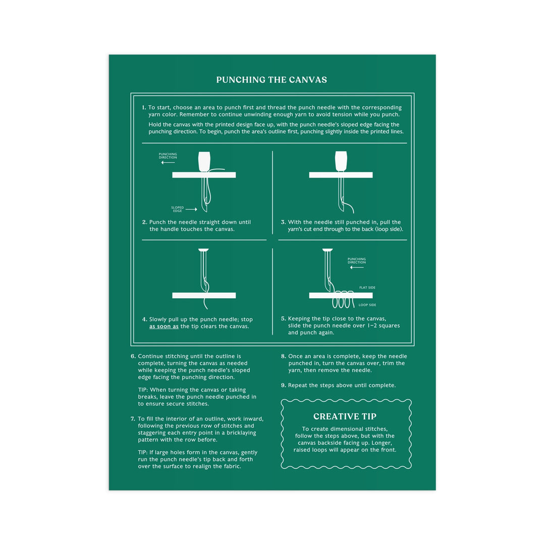 The Woodland Mushrooms Punch Needle Kit by Anja Riebensahm includes an instructional infographic with step-by-step diagrams and clear directions for using the punch needle tool, from threading to outlining, plus a creative tip at the bottom.
