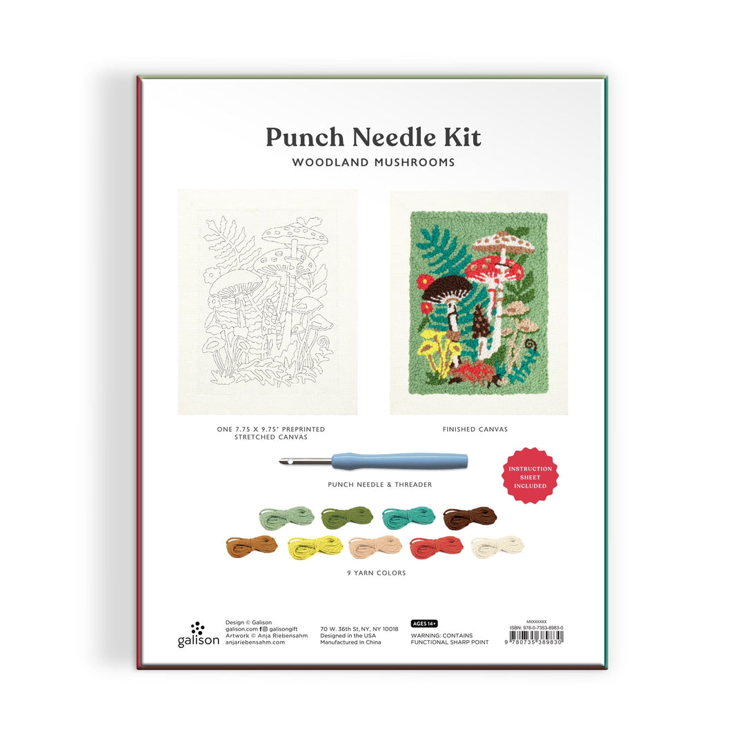 Back of the Anja Riebensahm Woodland Mushrooms Punch Needle Kit box shows the outline canvas (left), finished design (right), punch needle tool, and nine yarn colors displayed below.