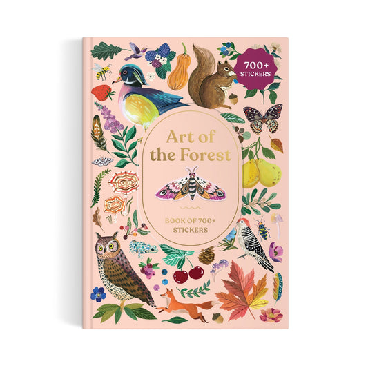 Christine De Carvalho's Art of the Forest 100 Page Sticker Book features colorful forest-themed illustrations and over 700 wildlife stickers, including animals, birds, insects, leaves, flowers, and fruit. A purple sticker highlights "700+ stickers.