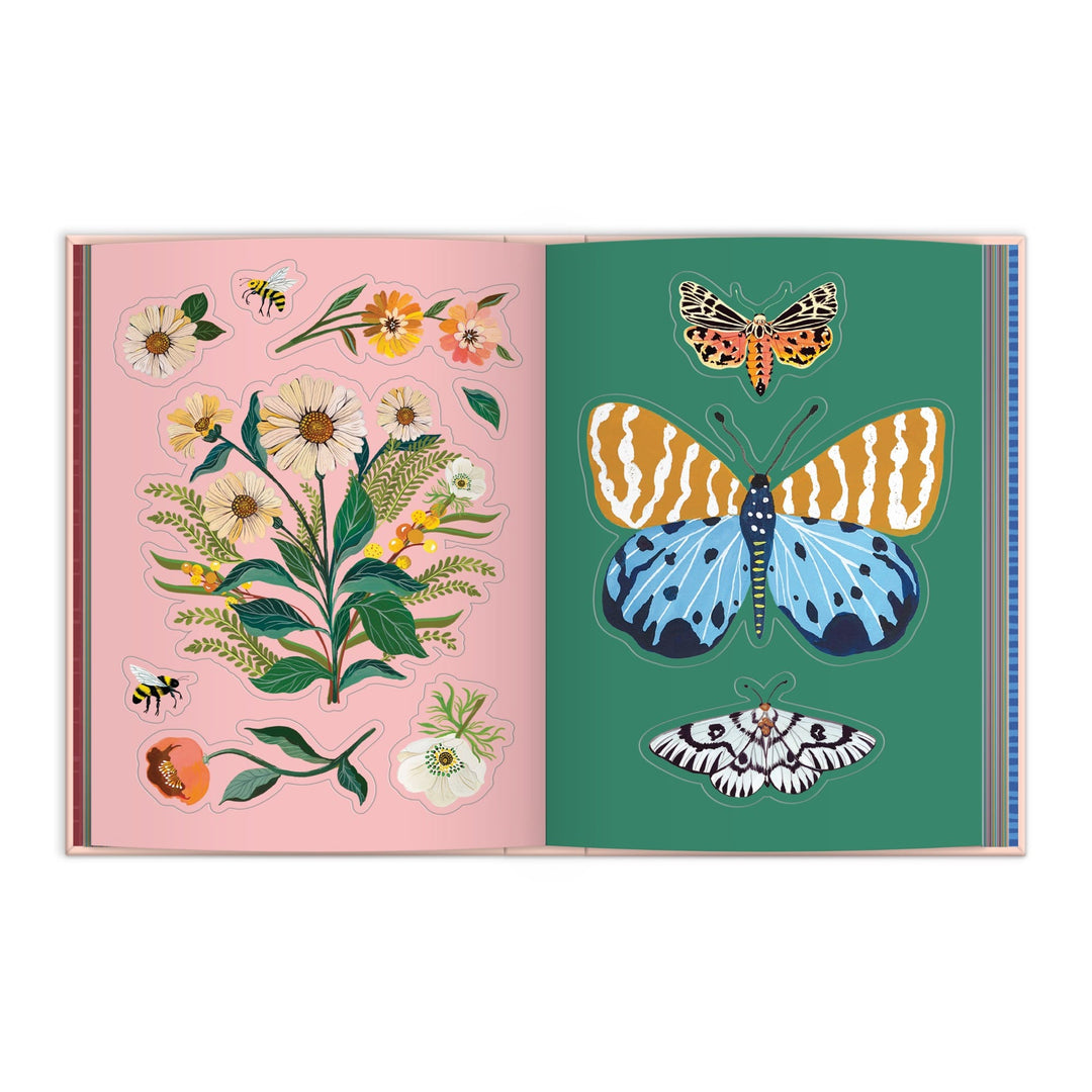 The Christine De Carvalho Art of the Forest 100 Page Sticker Book features vibrant wildlife stickers—wildflowers, bees, and butterflies on the left page, with three large detailed butterfly stickers on a green background on the right.