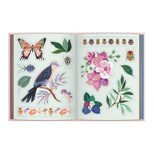 The Art of the Forest 100 Page Sticker Book by Christine De Carvalho features vibrant forest scenes with wildlife stickers, including birds, butterflies, flowers, leaves, berries, mushrooms, bees, and beetles displayed across both pages.