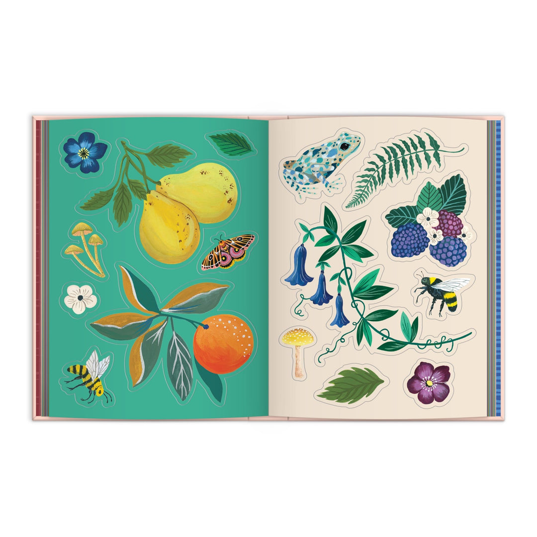 The Art of the Forest 100 Page Sticker Book by Christine De Carvalho showcases vibrant fruit, flowers, leaves, mushrooms, a frog, bees, a moth, and blackberries on teal and cream pages—perfect for wildlife or botanical sticker lovers.