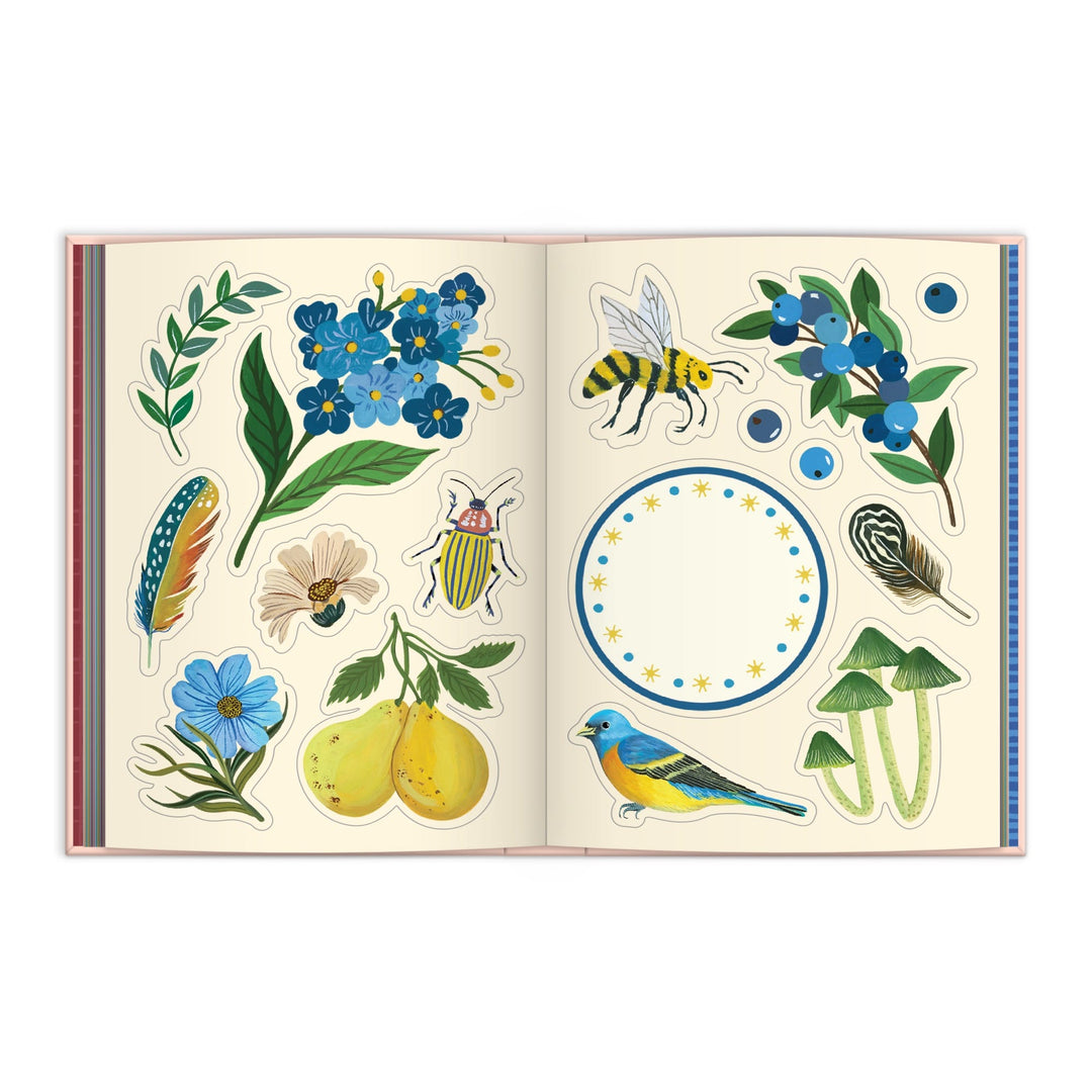 The Art of the Forest 100 Page Sticker Book by Christine De Carvalho features colorful wildlife stickers—flowers, leaves, berries, mushrooms, bees, beetles, feathers, yellow fruits, birds, and starry frames—for creating enchanting forest scenes.