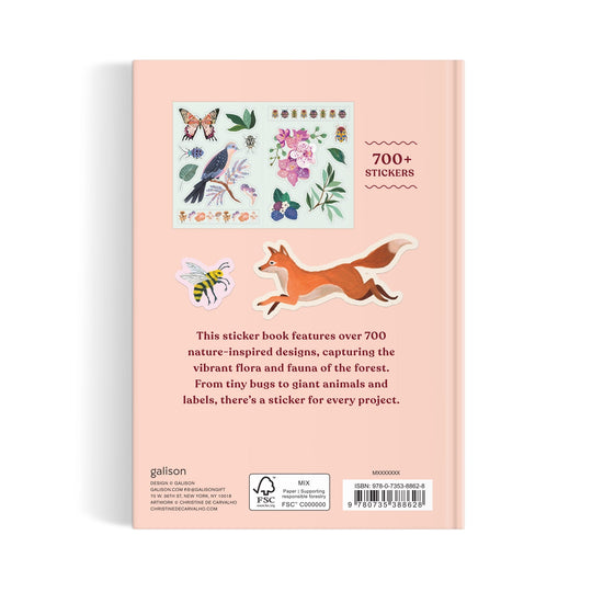 Back cover of the Christine De Carvalho Art of the Forest 100 Page Sticker Book features sample wildlife stickers—butterflies, flowers, a bee, and a fox—and text highlighting 700+ animal and plant stickers. Pink background with barcode at bottom.