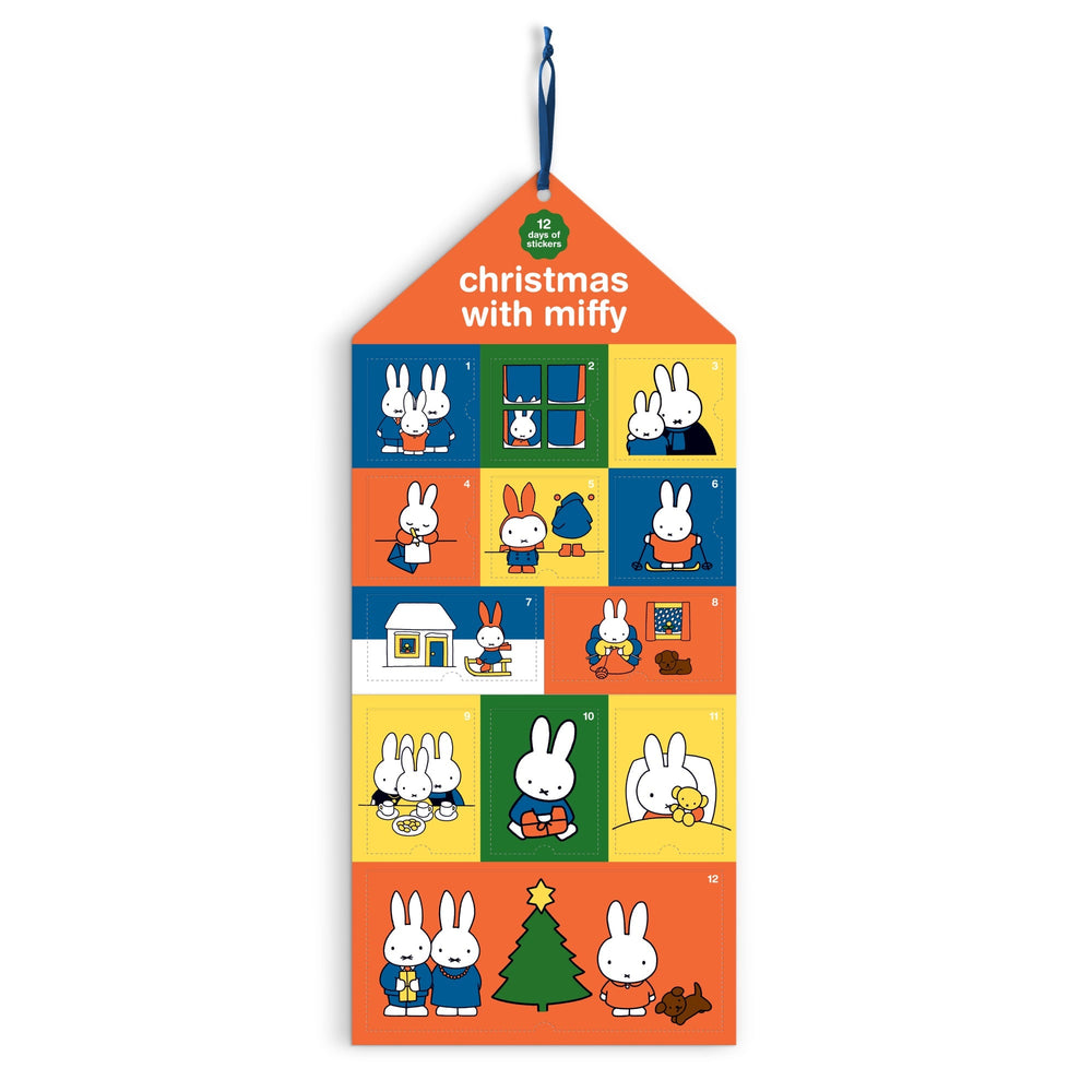 The Miffy Christmas Sticker Countdown by Miffy features festive scenes with Miffy and friends behind numbered flaps on a tall, house-shaped board, complete with a blue hanging ribbon.