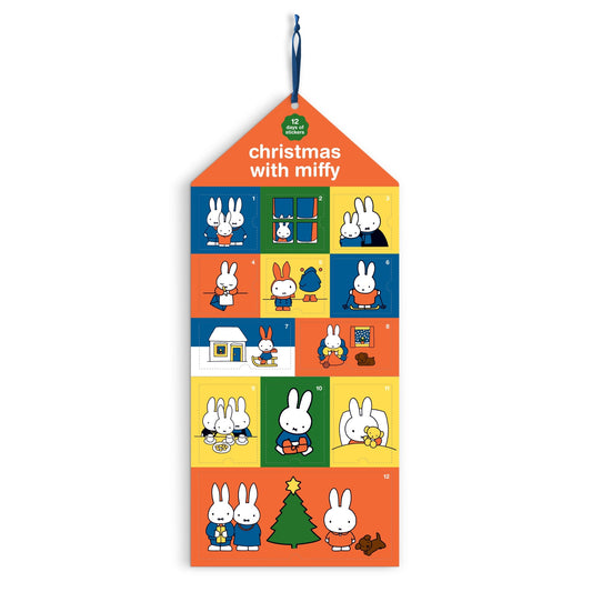 The Miffy Christmas Sticker Countdown by Miffy features festive scenes with Miffy and friends behind numbered flaps on a tall, house-shaped board, complete with a blue hanging ribbon.