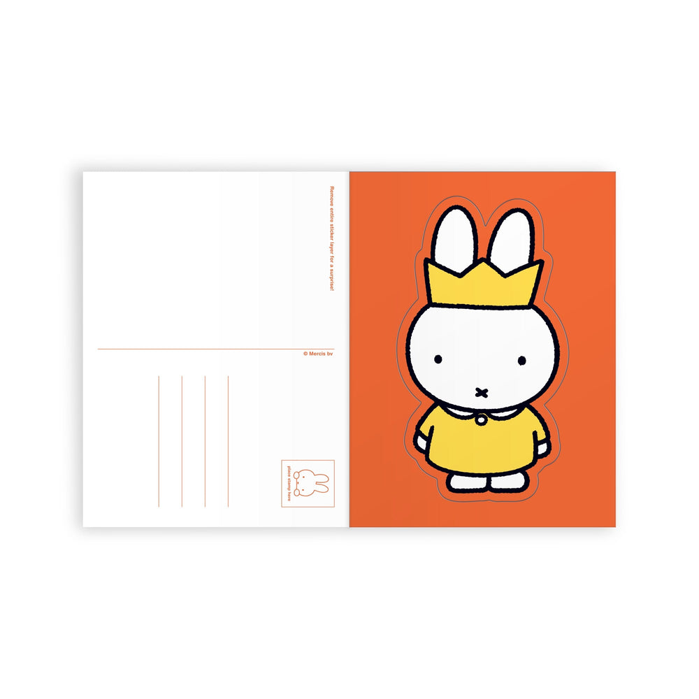 The Miffy Postcard Sticker Book by Miffy features a white bunny in a yellow dress and crown on an orange background, with space on the left for your message and address.