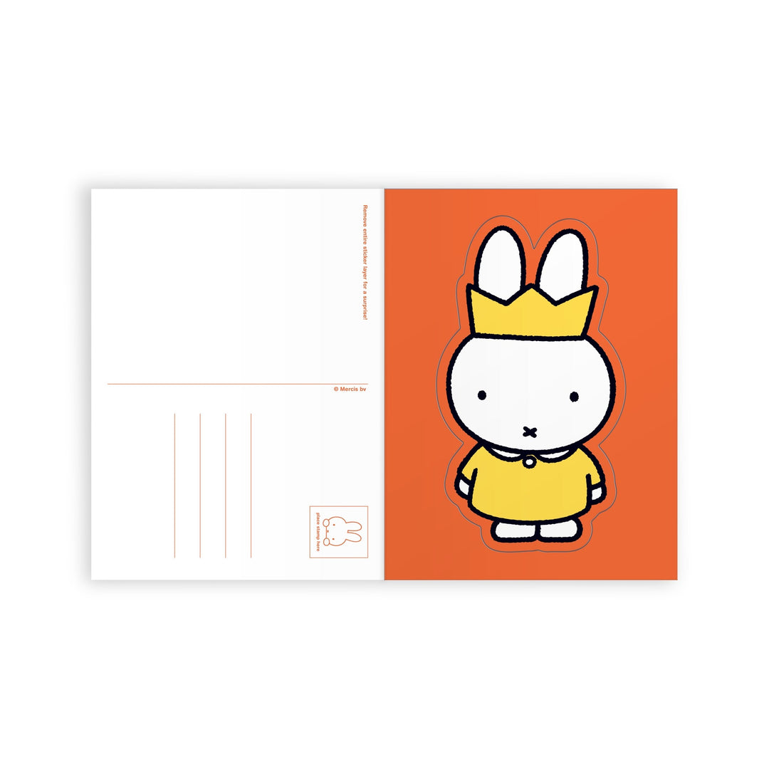 The Miffy Postcard Sticker Book by Miffy features a white bunny in a yellow dress and crown on an orange background, with space on the left for your message and address.