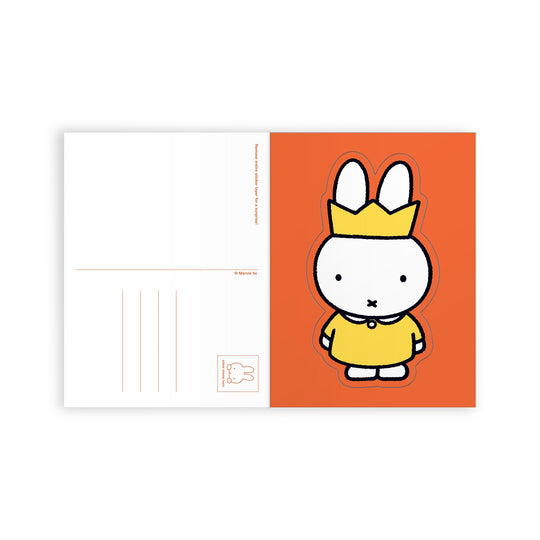 The Miffy Postcard Sticker Book by Miffy features a white bunny in a yellow dress and crown on an orange background, with space on the left for your message and address.