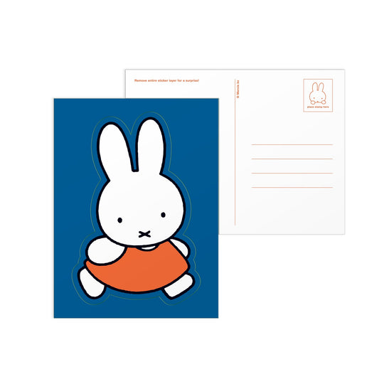 The Miffy Postcard Sticker Book by Miffy features postcard designs with the beloved white rabbit in an orange dress on a blue background, plus space for messages, address lines, and a small Miffy illustration on the back.