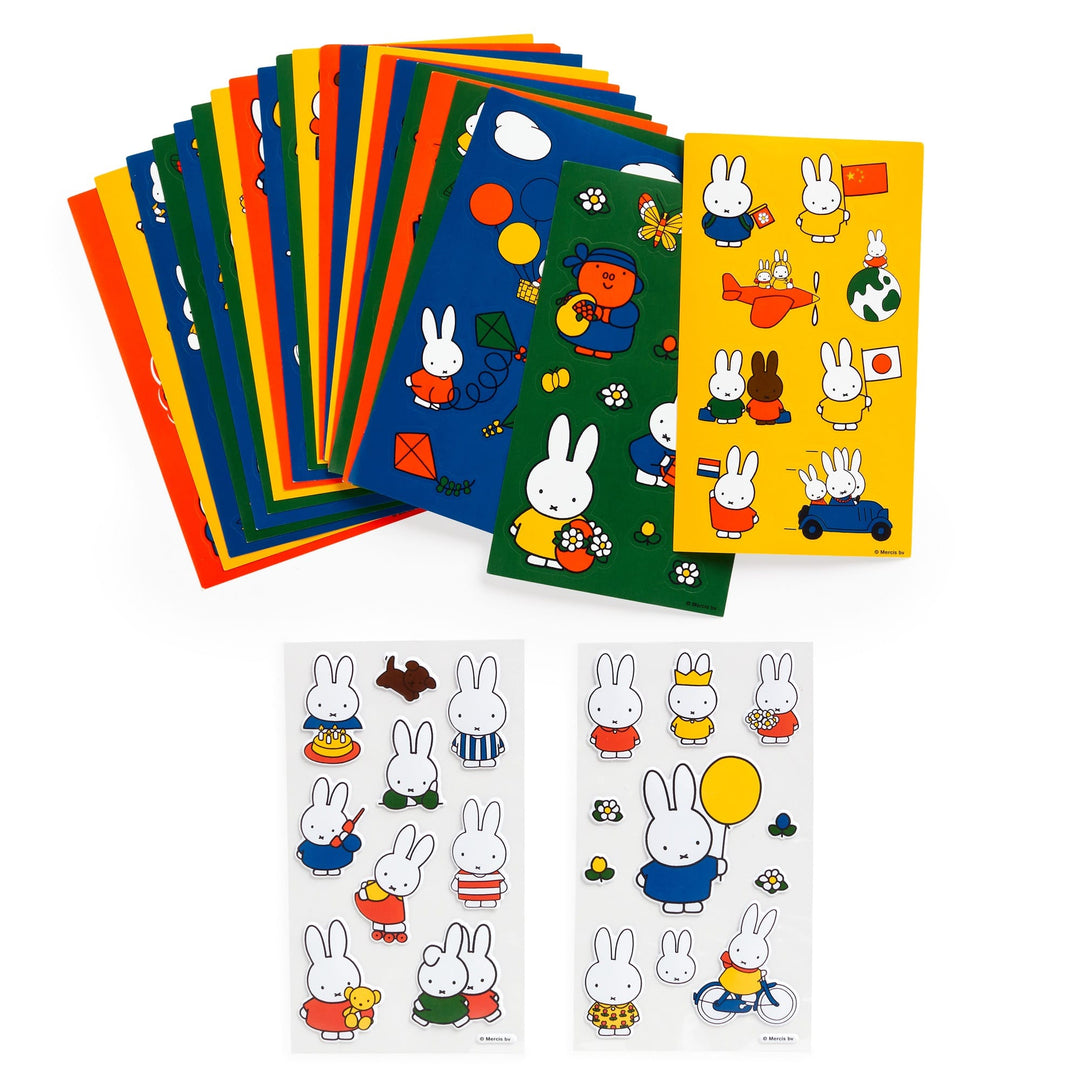 The Miffy Sticker Tin by Miffy includes colorful sheets with cartoon bunny designs featuring balls and balloons, plus two white sheets at the bottom showing individual bunnies in various poses and outfits.