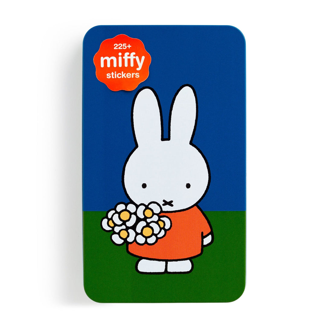The Miffy Sticker Tin by Miffy features a rectangular design with an illustration of Miffy in an orange dress holding flowers, set against a blue and green background, plus a “225+ miffy stickers” sticker on the corner.