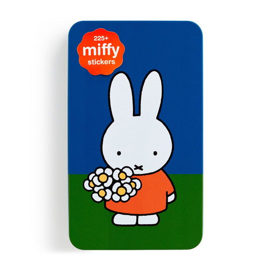 The Miffy Sticker Tin by Miffy features a rectangular design with an illustration of Miffy in an orange dress holding flowers, set against a blue and green background, plus a “225+ miffy stickers” sticker on the corner.