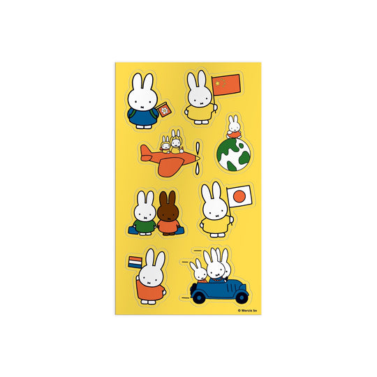 The Miffy Sticker Tin by Miffy includes colorful stickers of Miffy the rabbit, her friends, flags, a car, an airplane, and a globe on a yellow background.