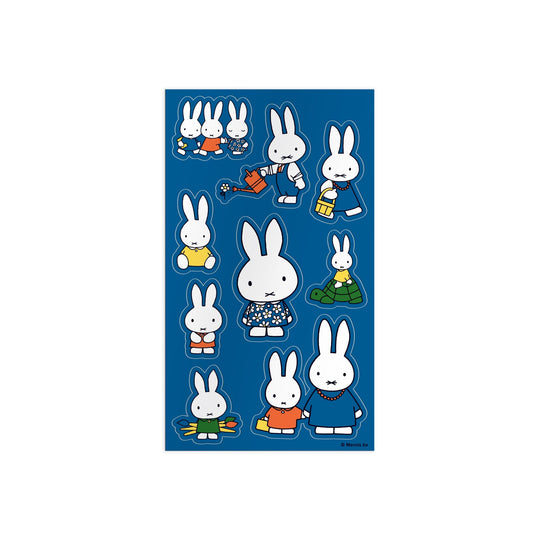The Miffy Sticker Tin by Miffy includes stickers of Miffy the bunny and friends in fun outfits and activities, set on a blue background, with each character outlined in white and shown alone or with a friend.
