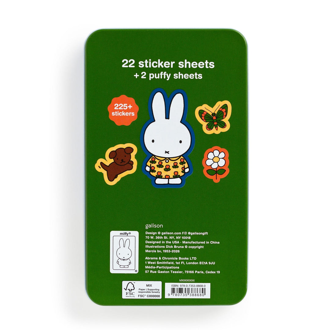 The Miffy Sticker Tin by Miffy is a green tin box labeled "22 sticker sheets + 2 puffy sheets, 225+ stickers" and features images of Miffy the bunny, a bear, butterfly, and flower, with product and company details at the bottom.