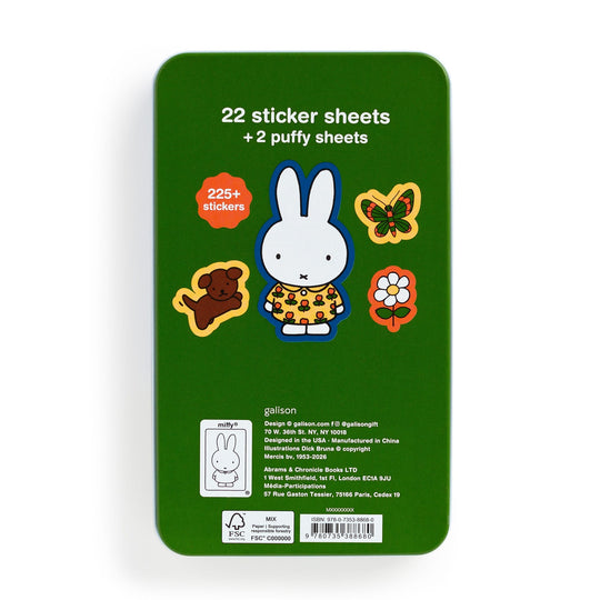 The Miffy Sticker Tin by Miffy is a green tin box labeled "22 sticker sheets + 2 puffy sheets, 225+ stickers" and features images of Miffy the bunny, a bear, butterfly, and flower, with product and company details at the bottom.