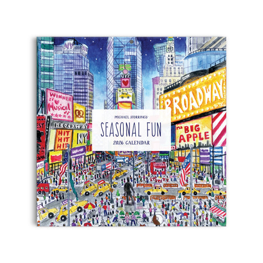 The Michael Storrings 2026 Classic 12 x 12 Wall Calendar features a vibrant nighttime Times Square scene with Broadway signs, taxis, crowds, and skyscrapers in Michael Storrings signature illustrated style.