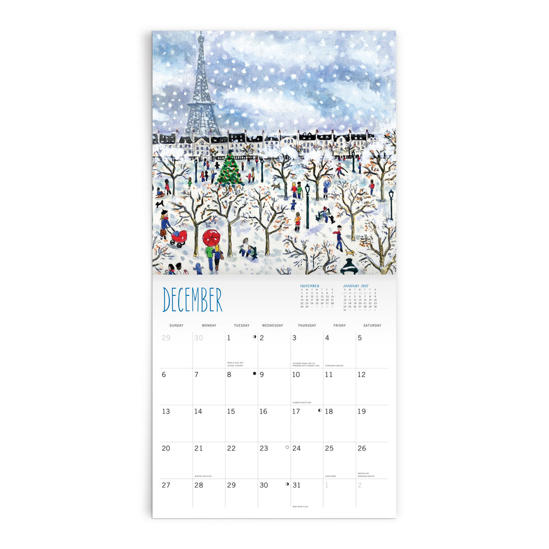 The Michael Storrings 2026 Classic 12 x 12 Wall Calendar features a December Paris illustration with snow, strolling people, festive Christmas tree, and Eiffel Tower—a perfect seasonal addition from artist Michael Storrings.