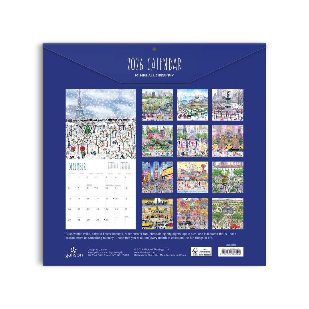 Back cover of the Michael Storrings 2026 Classic 12 x 12 Wall Calendar, featuring twelve vibrant monthly illustrations of festive scenes, including a preview of December’s snowy park near the Eiffel Tower.
