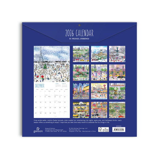 Back cover of the Michael Storrings 2026 Classic 12 x 12 Wall Calendar, featuring twelve vibrant monthly illustrations of festive scenes, including a preview of December’s snowy park near the Eiffel Tower.