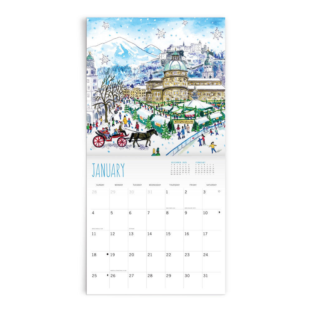 The Michael Storrings 2026 Classic 12 x 12 Wall Calendar features a January page with a snowy city scene, ice skaters, horse-drawn carriage, and mountains. Dates are shown below the artwork on each page.