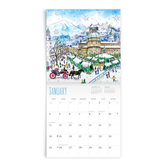 The Michael Storrings 2026 Classic 12 x 12 Wall Calendar features a January page with a snowy city scene, ice skaters, horse-drawn carriage, and mountains. Dates are shown below the artwork on each page.