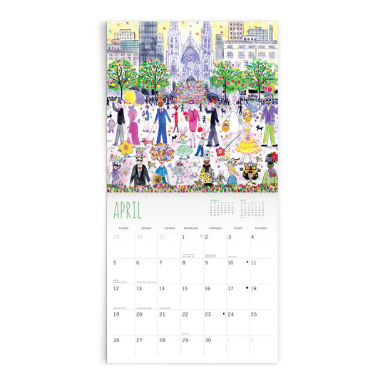 The Michael Storrings 2026 Classic 12 x 12 Wall Calendar features a colorful April city park scene with blooming trees, people in spring clothes, and a grand cathedral, plus a month grid below the artwork.
