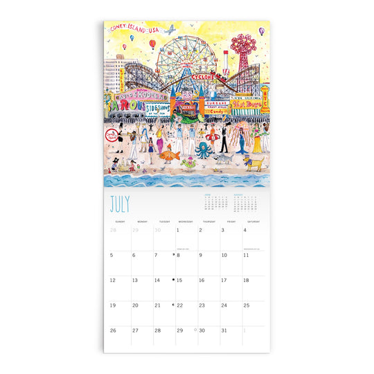 The Michael Storrings 2026 Classic 12 x 12 Wall Calendar’s July page features a lively Coney Island boardwalk with a Ferris wheel, food stands, colorful signs, and beachgoers—a vibrant addition to your seasonal décor.