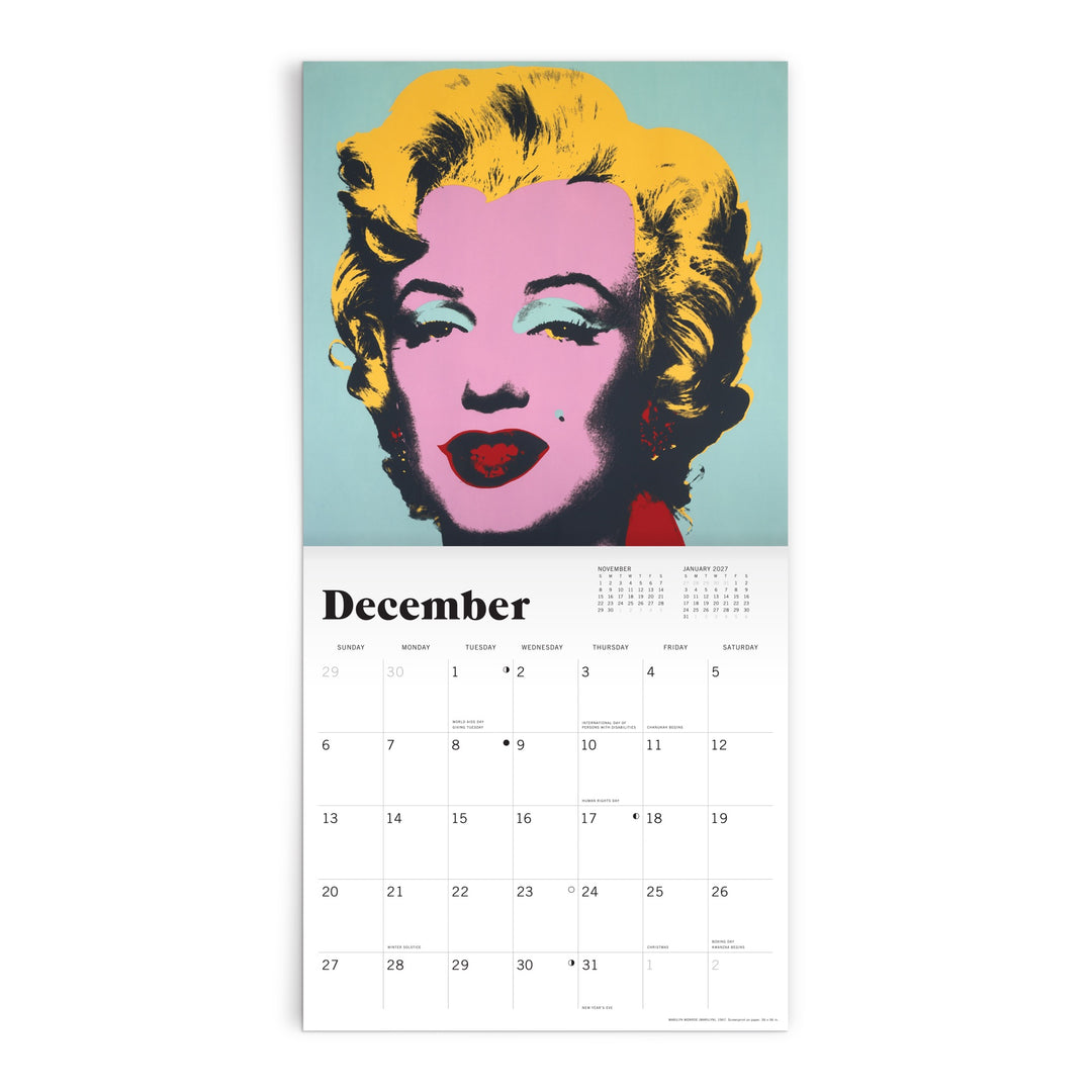 The Andy Warhol 2026 Classic 12 x 12 Wall Calendar features a vibrant December page with Warhol’s iconic, colorful Marilyn Monroe portrait—her yellow hair, pink face, red lips, and blue eyeshadow add bold pop art style to your space.