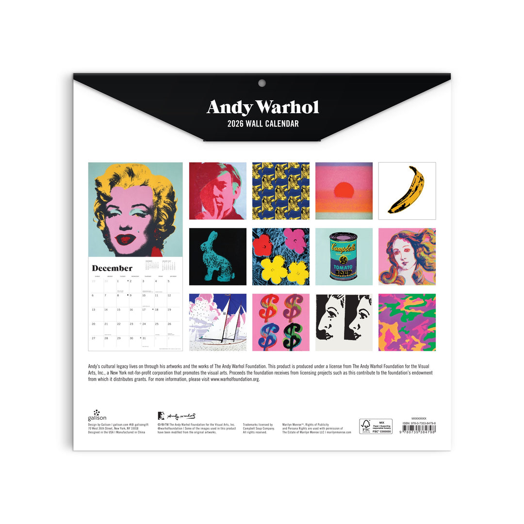 The Andy Warhol 2026 Classic 12 x 12 Wall Calendar by Andy Warhol features 12 vibrant pop art images, including Marilyn Monroe, the soup can, banana, and abstract designs. December’s page is partially visible on the back cover.