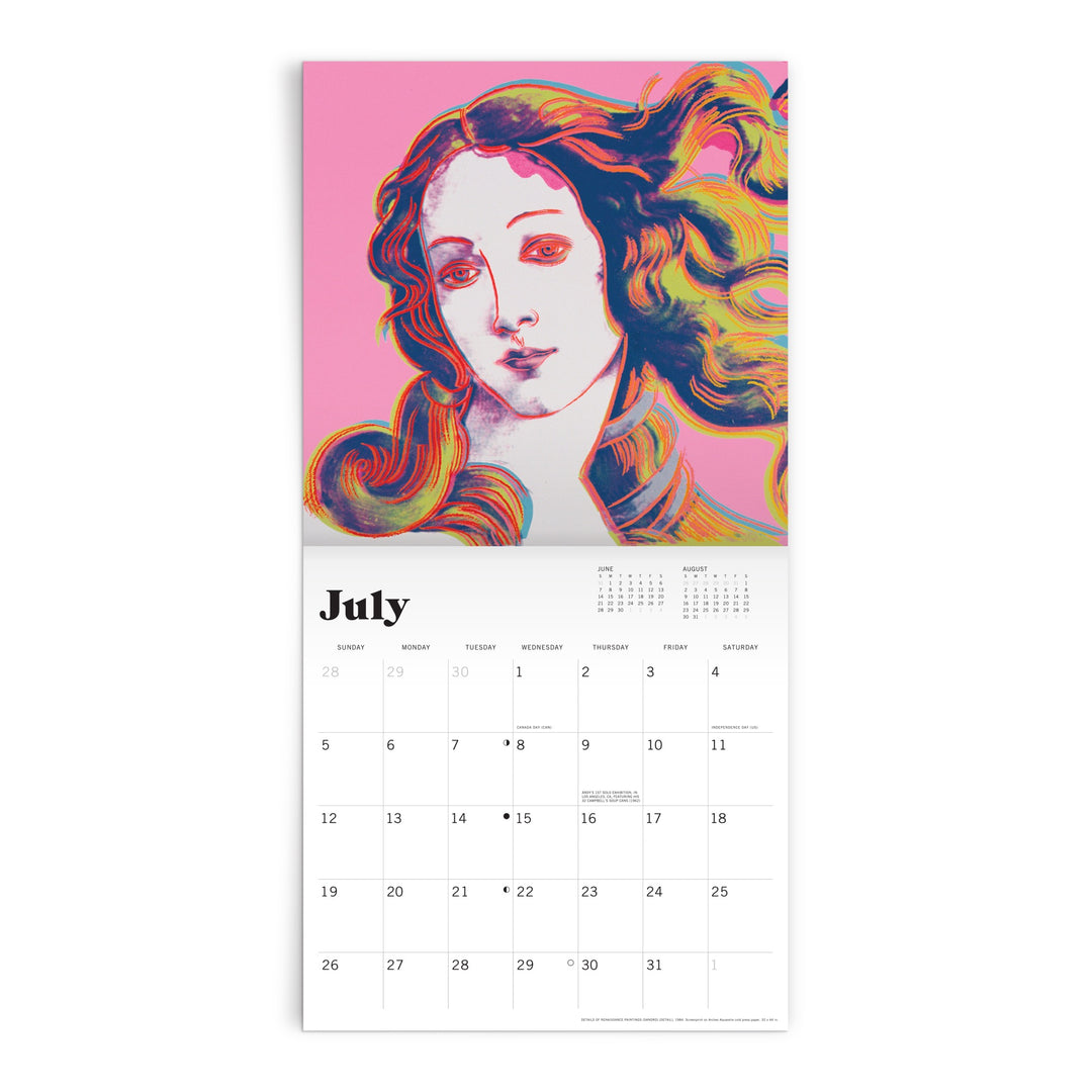The Andy Warhol 2026 Classic 12 x 12 Wall Calendar by Andy Warhol features vibrant July artwork of a womans face and flowing hair on a pink background over the dates. The week starts on Sunday, with the month labeled in bold black text.
