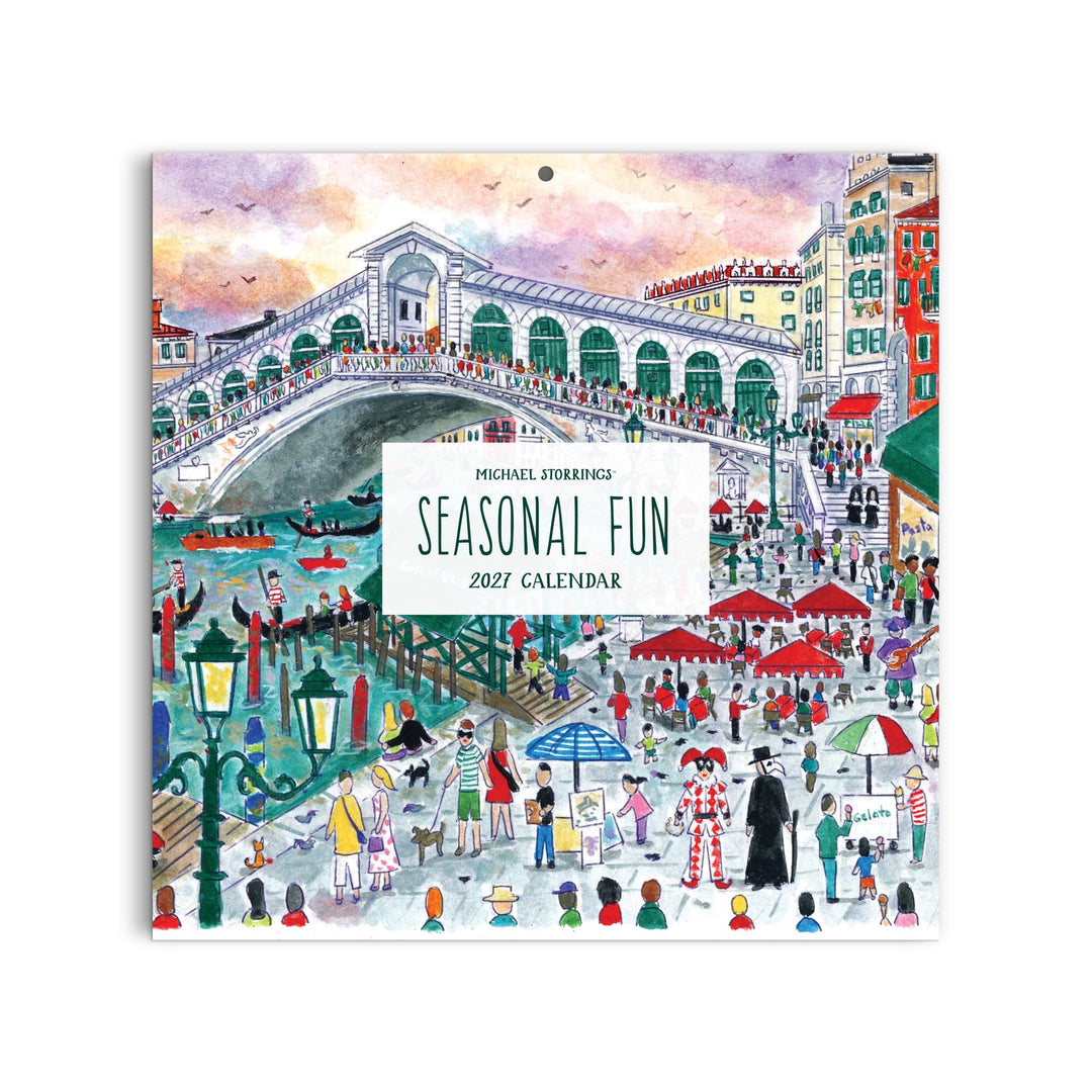 The Michael Storrings 12 x 12 Wall Calendar 2027 by Michael Storrings features a colorful cover with a lively crowd, street performers, umbrellas, and the Rialto Bridge set among vibrant buildings by a canal.