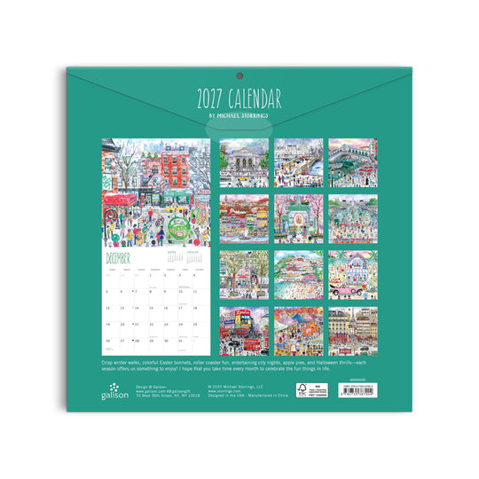The image displays the back cover of the Michael Storrings 12 x 12 Wall Calendar 2027, showing vibrant monthly illustrations by Michael Storrings. December's page is enlarged on the left, and all twelve artworks are arranged in a grid on the right.