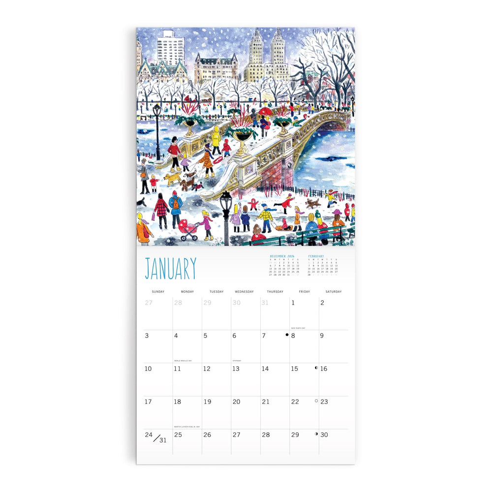 The Michael Storrings 12 x 12 Wall Calendar 2027 features a January page with people ice skating and walking in a snowy park, city buildings, and a bridge in the background. The calendar grid appears below the artwork.
